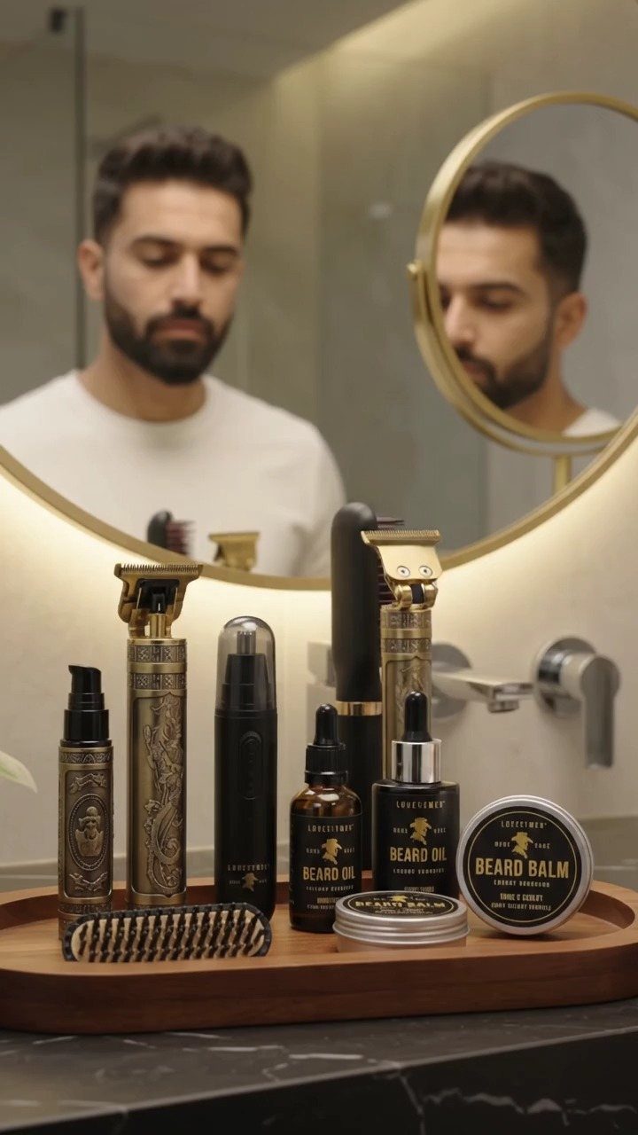 22 Gift Ideas for Brother, From Hoodies to Gadgets 2 Beard grooming kit with gold trimmers and oils on a wooden bathroom tray.