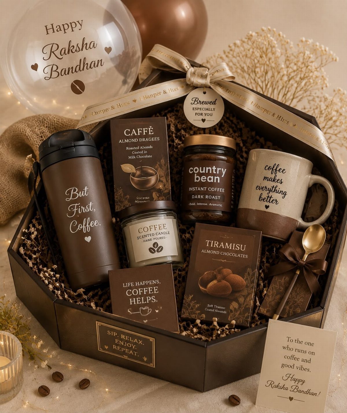 22 Gift Ideas for Brother, From Hoodies to Gadgets 1 Coffee lover's gift set in a brown box with mugs and chocolates.