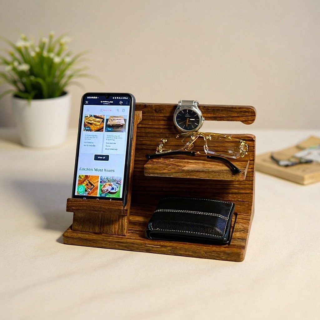 22 Gift Ideas for Brother, From Hoodies to Gadgets 9 Wooden desk organizer holding a smartphone, watch, glasses, and a black leather wallet.