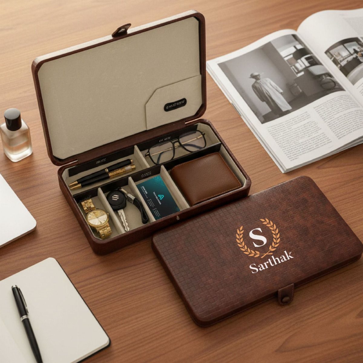 22 Gift Ideas for Brother, From Hoodies to Gadgets 15 Personalized brown leather gift set with watch, pen, and wallet on wooden desk