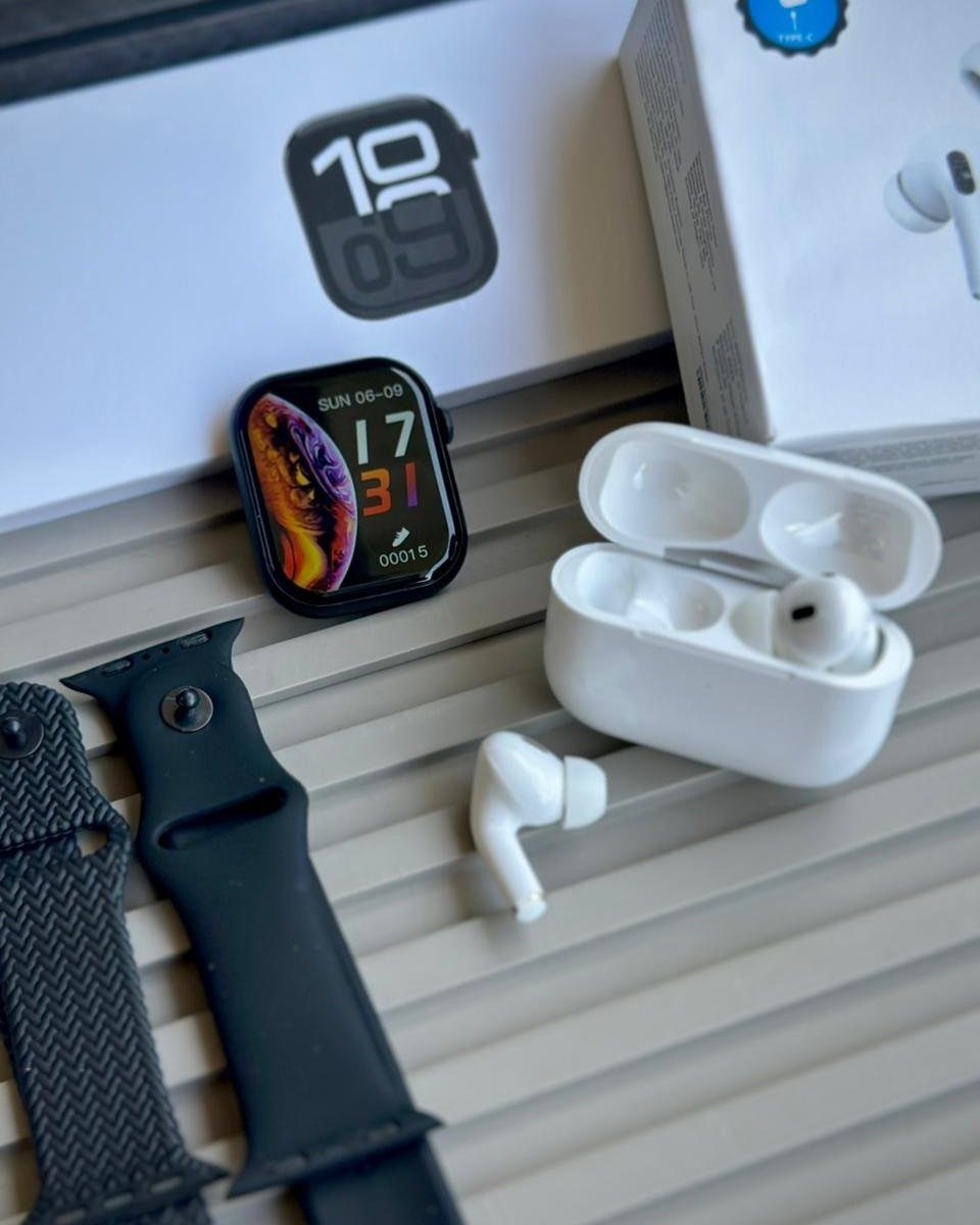 22 Gift Ideas for Brother, From Hoodies to Gadgets 18 Smartwatch, wireless earbuds, and watch straps arranged as a curated gift set.