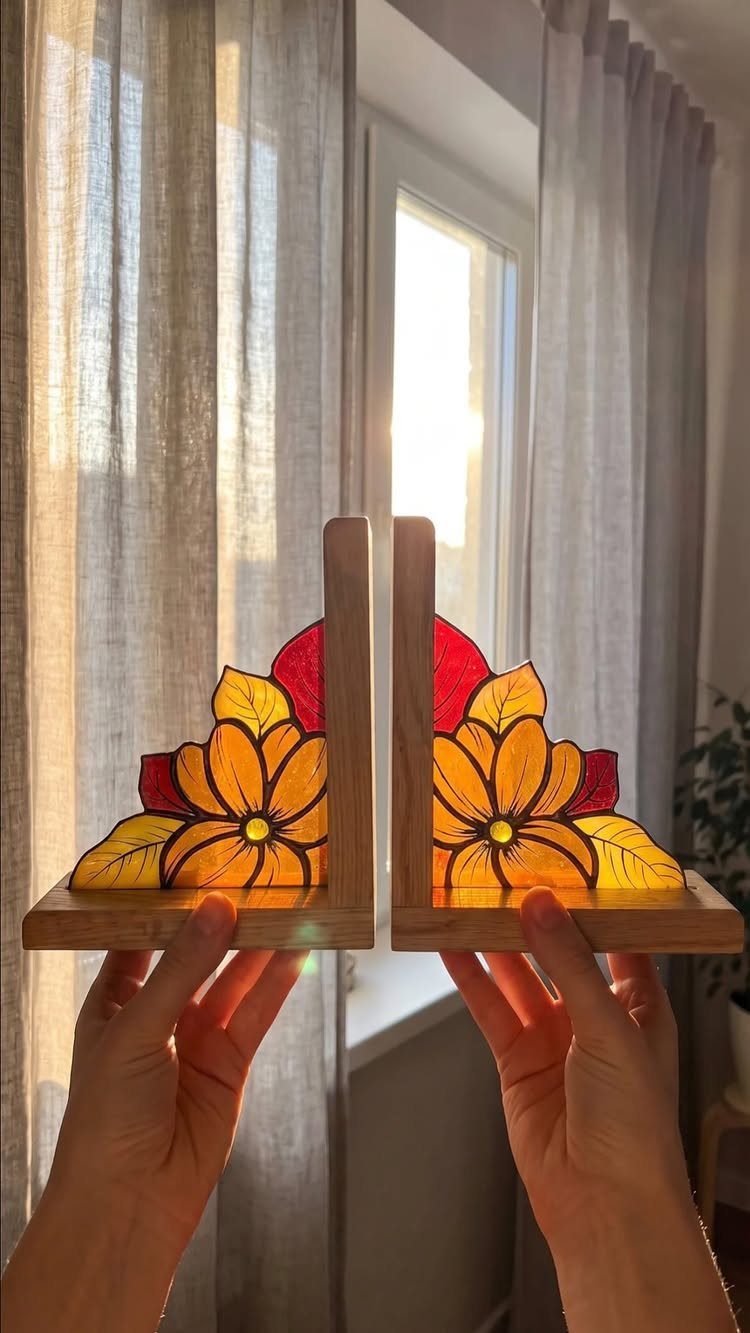 Stained glass flower bookends with wooden bases held up against a sunny window.