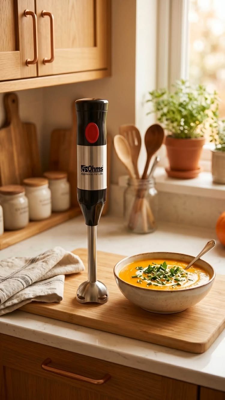 Immersion blender standing on a wooden board next to a bowl of soup.