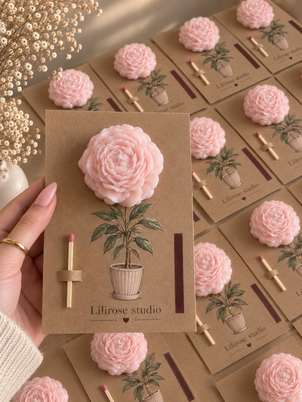 8 Gifts for People Who Have Everything 2 Pink rose-shaped candles on brown cards with matches and floral illustrations.