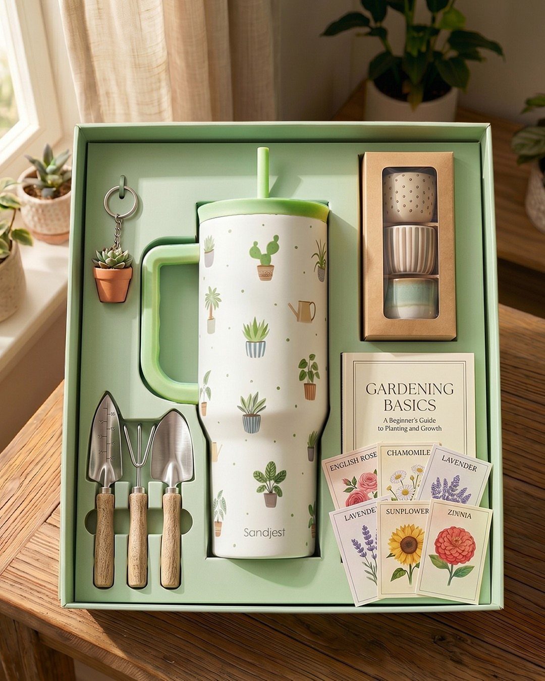 8 Gifts for People Who Have Everything 4 Gardening gift set with tumbler, hand tools, seed packets, and a guidebook.
