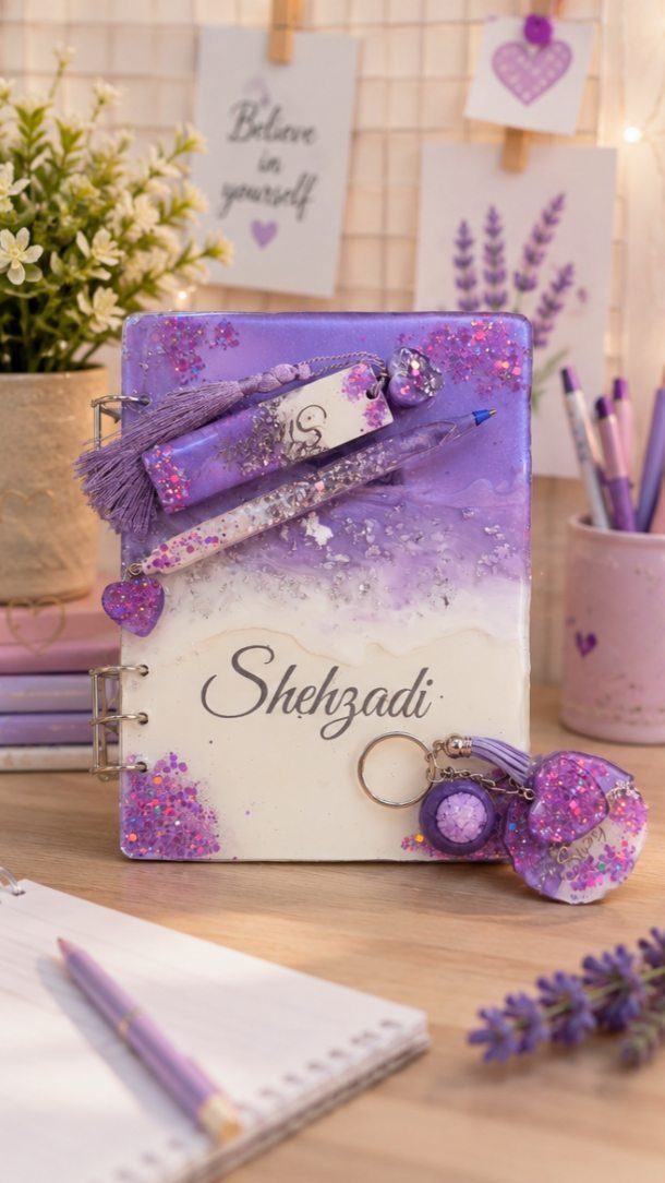 8 Gifts for People Who Have Everything 1 Purple glittery personalized notebook and stationery set with the name Shehzadi on cover.