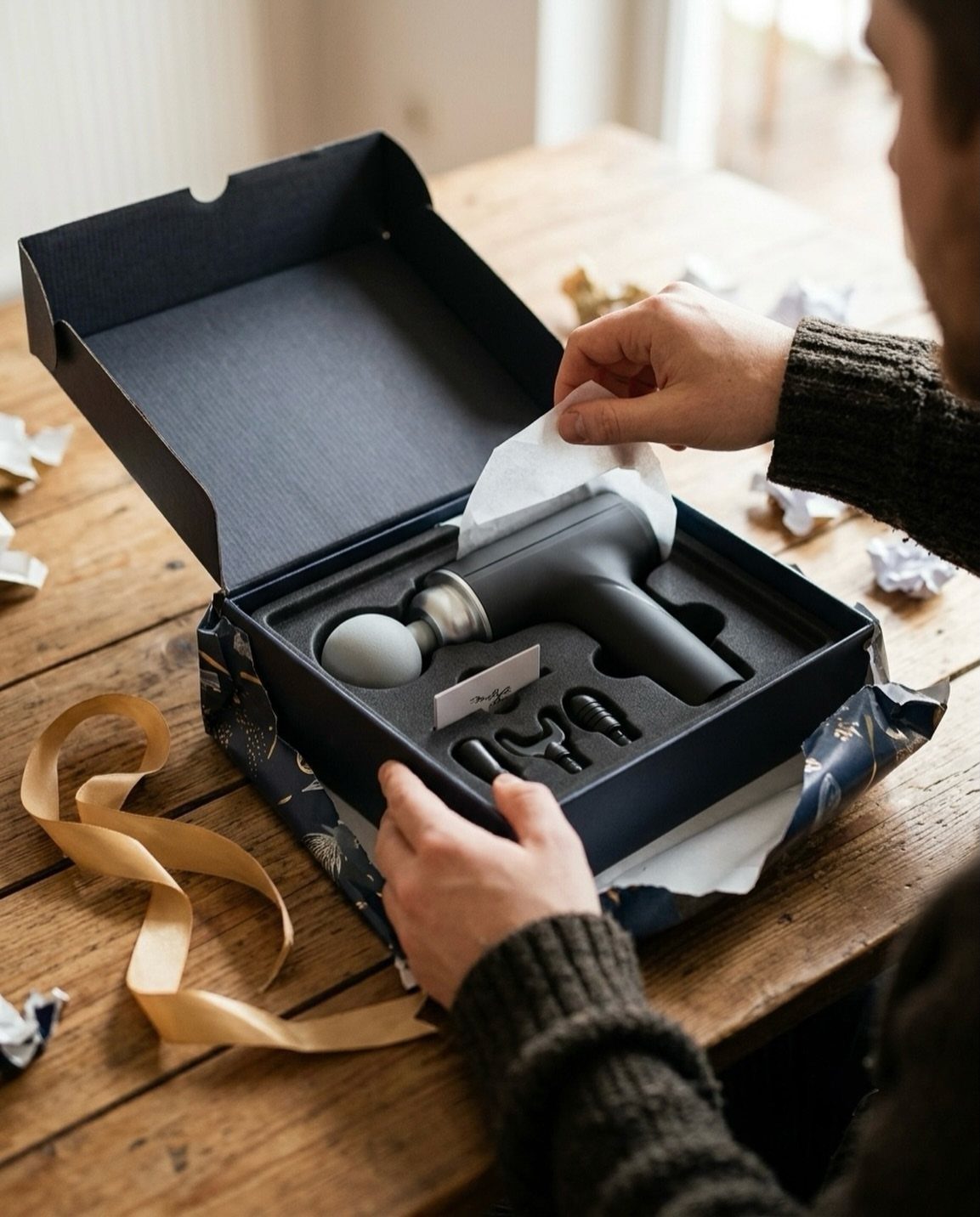 Hands opening a gift box containing a black percussion massage gun on wood.