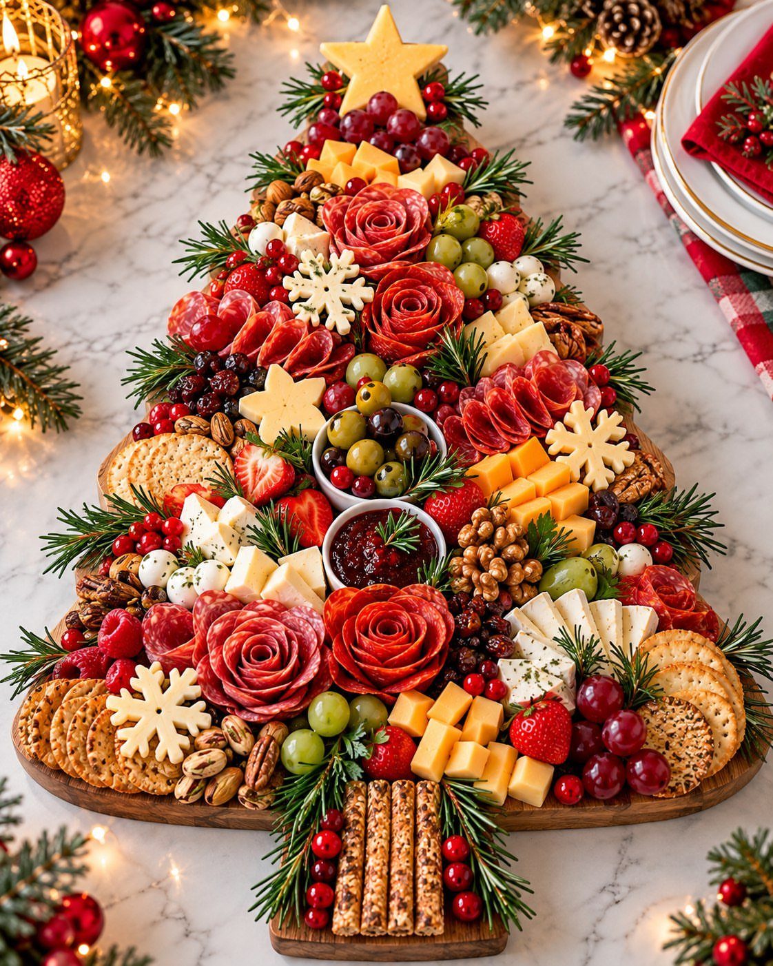 Christmas tree shaped charcuterie board with meats, cheeses, and fruits on marble surface