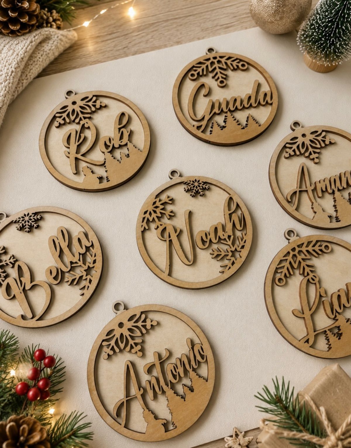 Wooden circular Christmas ornaments with personalized names and snowflake designs on a table.