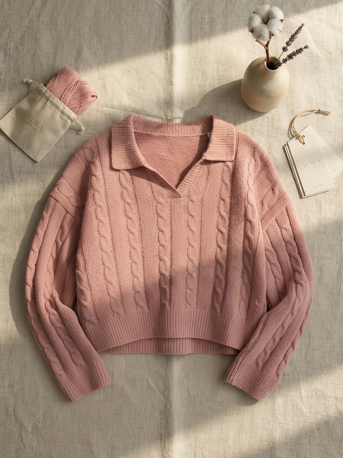 Pink cable-knit V-neck sweater laid on linen with a small vase and pouch.
