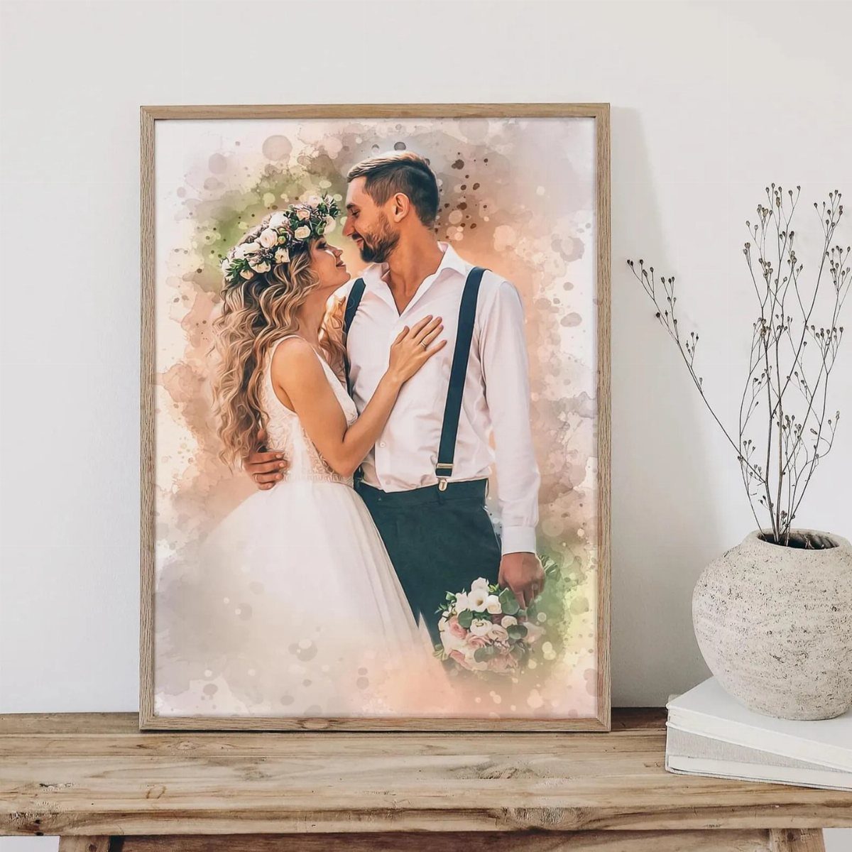 Watercolor portrait of a wedding couple in a wooden frame on a table