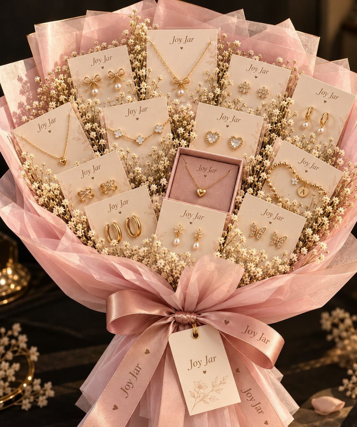 Gold jewelry bouquet with necklaces and earrings nestled in white dried flowers and pink wrapping
