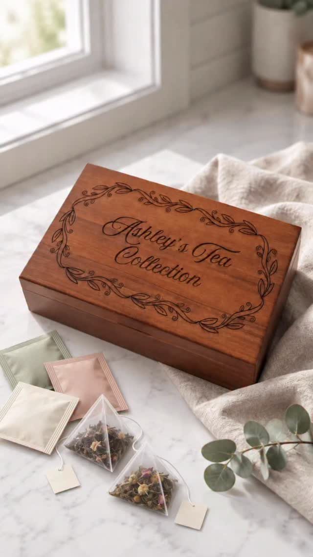 Engraved wooden tea box with tea bags on a white marble surface.