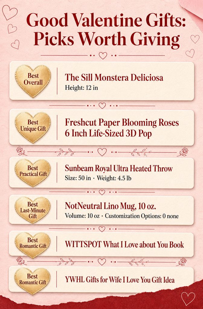 An infographic comparing different Valentine gift options with specifications.