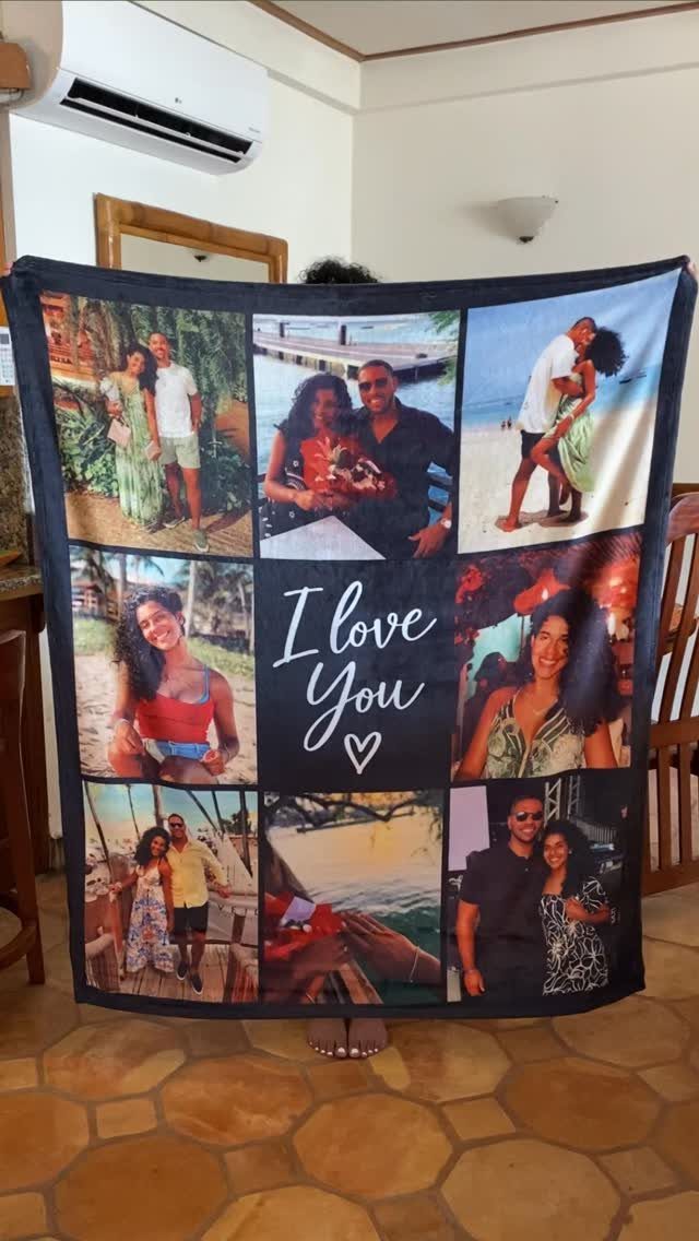 Black fleece blanket with a photo collage of a couple and love text.