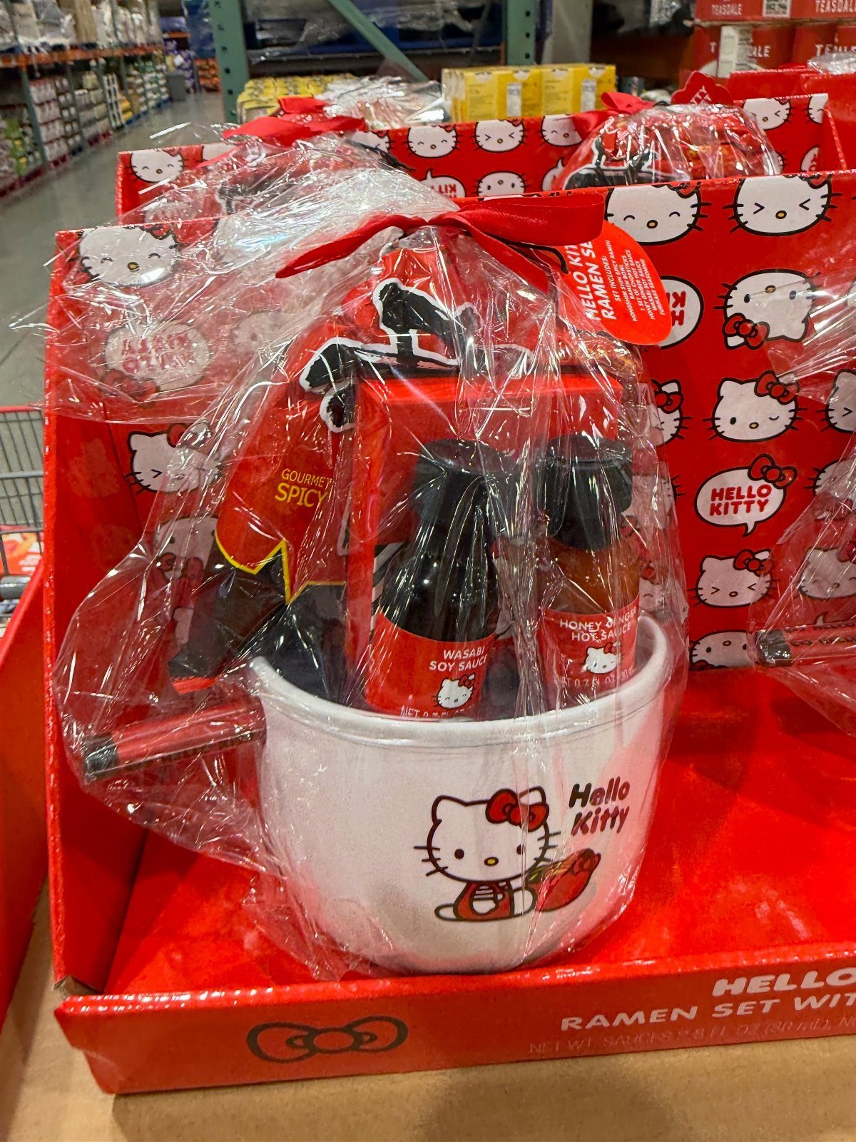Hello Kitty ramen gift set with bowl and sauces wrapped in cellophane