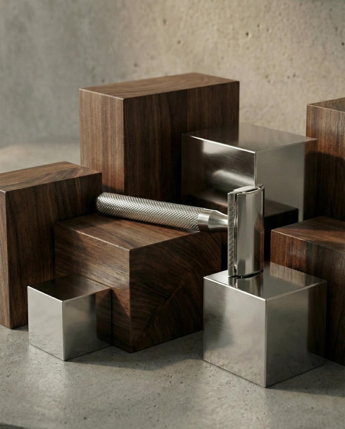 Silver safety razor resting on polished dark wood and mirrored metal cubes.