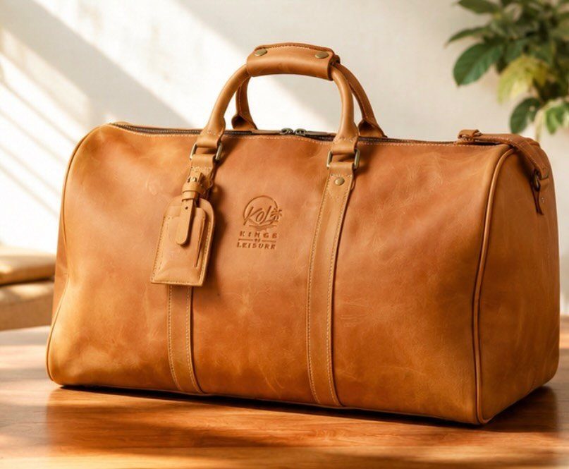 Tan leather weekend bag with handles and luggage tag on a wooden table.
