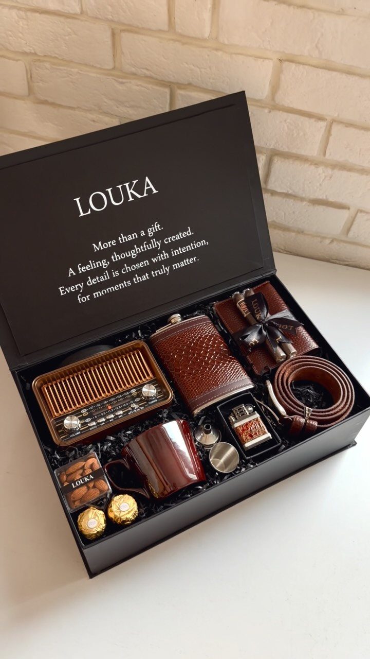 Luxury men's gift set with leather accessories and vintage radio in black box