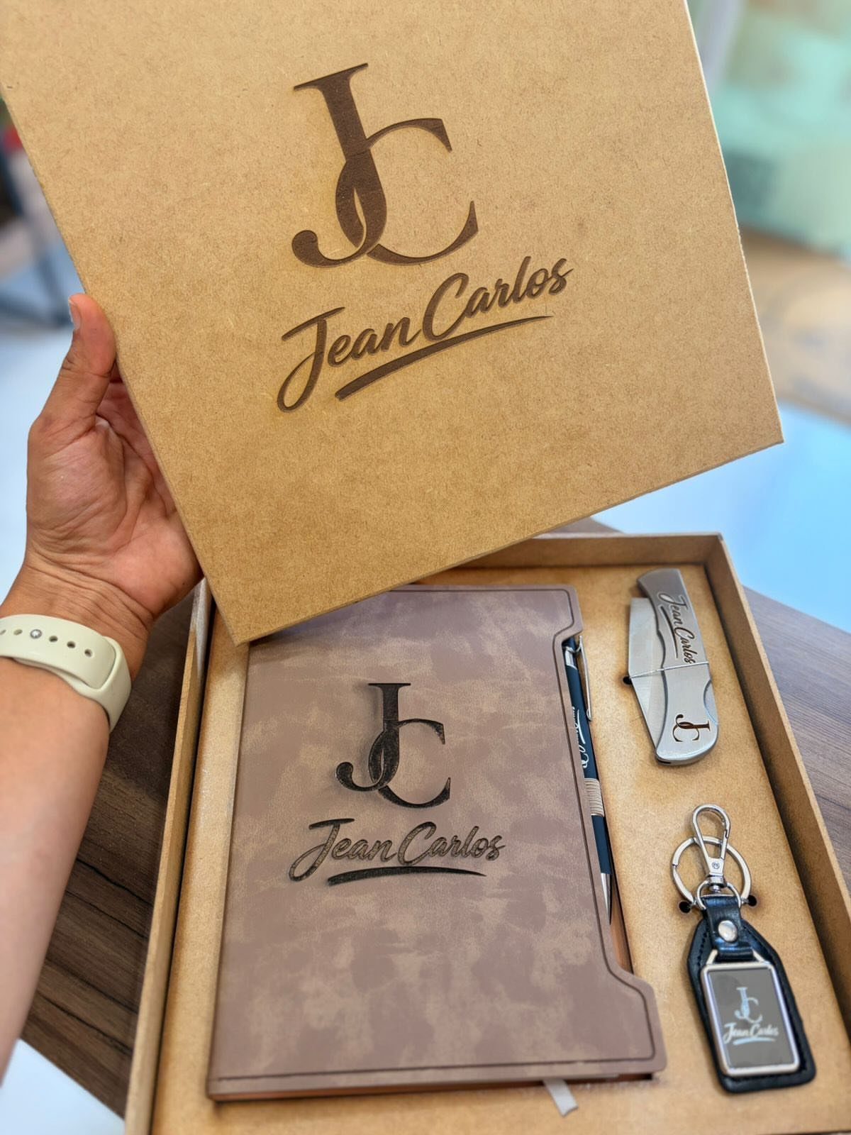 20 Ideal Boyfriend Gifts He'll Actually Use and Keep 3 Personalized gift set with engraved pocket knife, leather notebook, and keychain in box