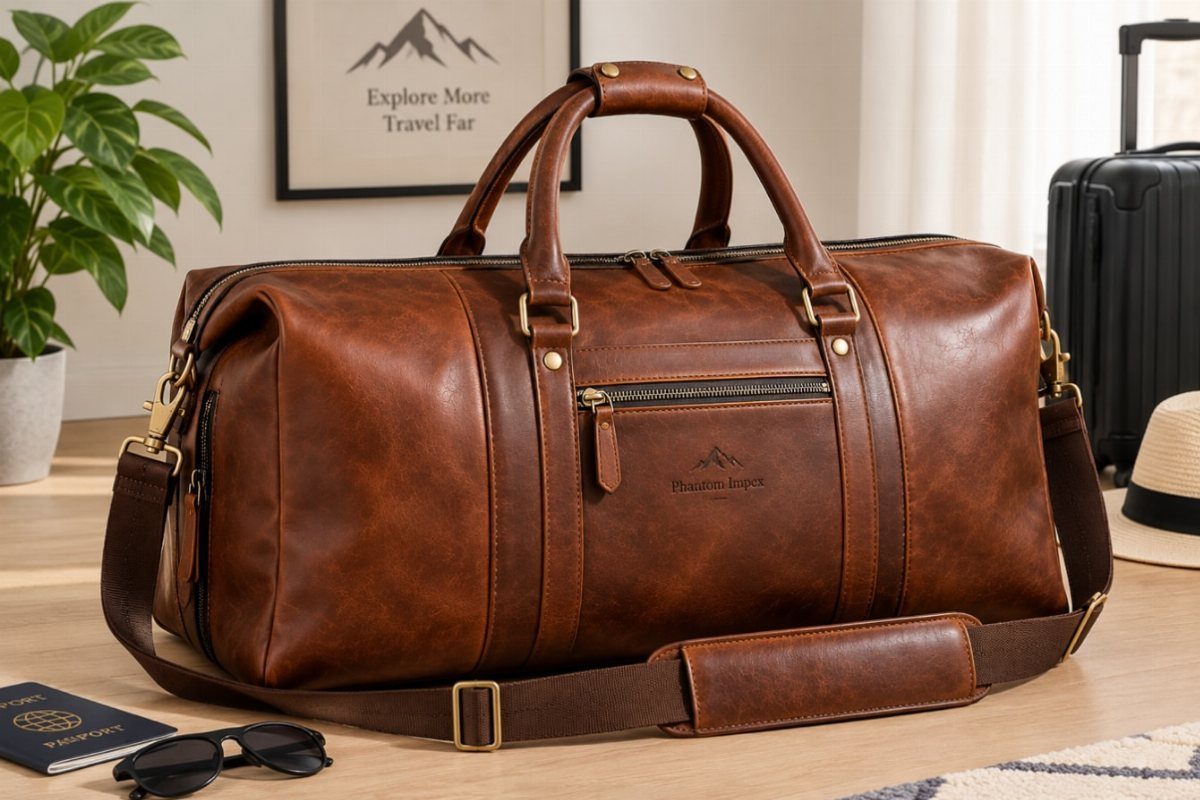 20 Ideal Boyfriend Gifts He'll Actually Use and Keep 10 Brown leather duffel bag with gold hardware on a light wooden floor.