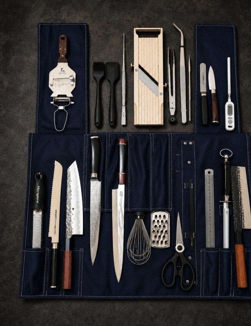 20 Ideal Boyfriend Gifts He'll Actually Use and Keep 11 Professional chef's knife roll open with various knives and kitchen tools on dark background