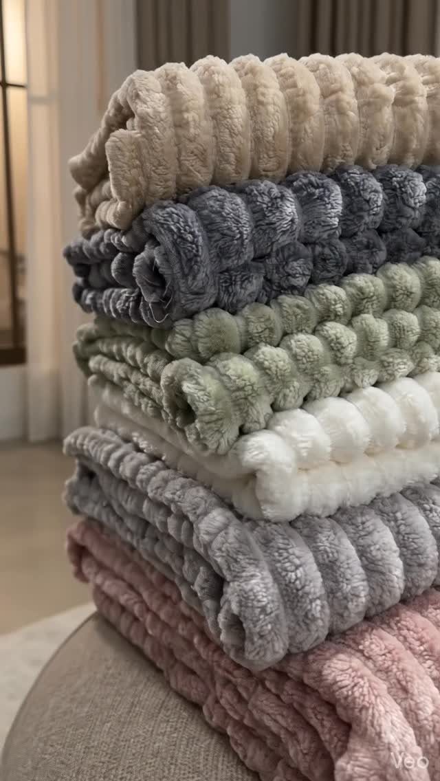 Luxury Gifts for Women: 11 Ideas from Candles to Jewelry 10 Stacked plush ribbed blankets in various soft pastel and neutral colors.