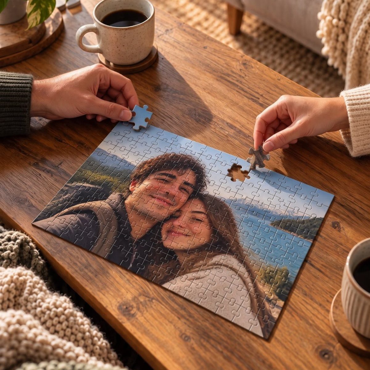 Custom jigsaw puzzle of a couple being assembled on a wooden table.