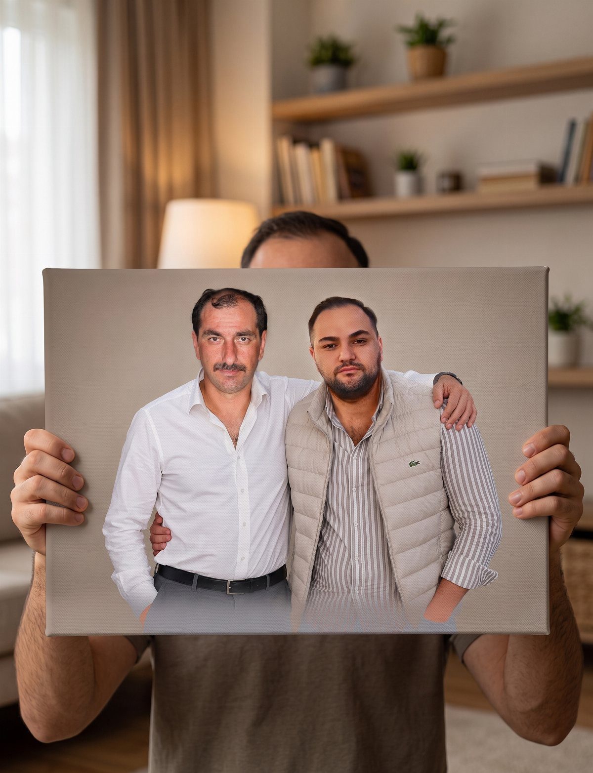 Man holding a personalized canvas print featuring a photo of two men.