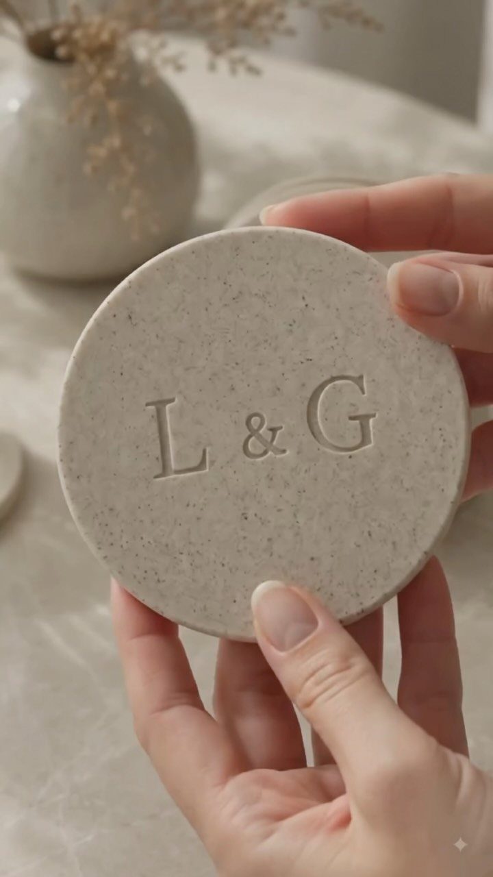Round speckled stone coaster with engraved letters L & G held by hands.