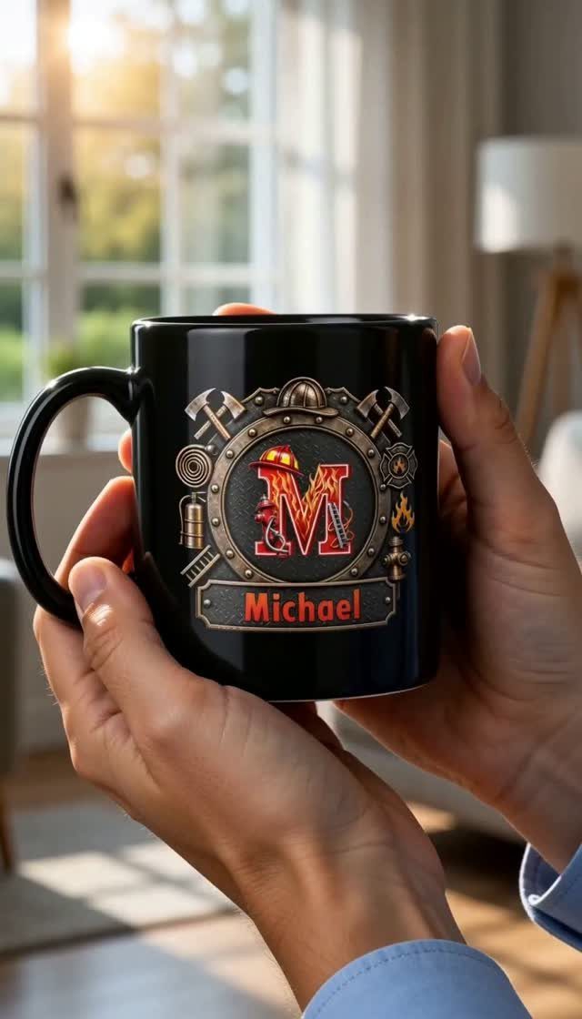 Black coffee mug with personalized name Michael and graphic design held by hands.