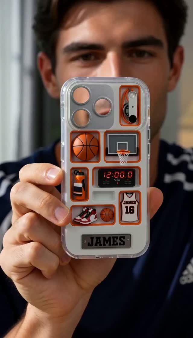 Basketball themed personalized phone case held by a man with the name James.