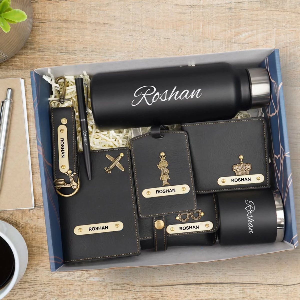 Personalized black wallet and matching gift set engraved with the name Roshan