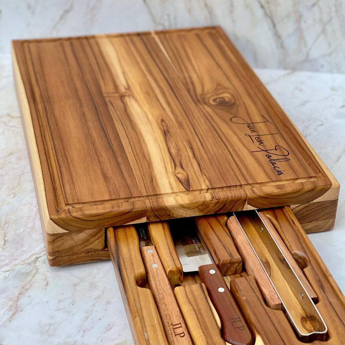Wooden grilling tool set with monogrammed handles and a matching engraved wooden box.