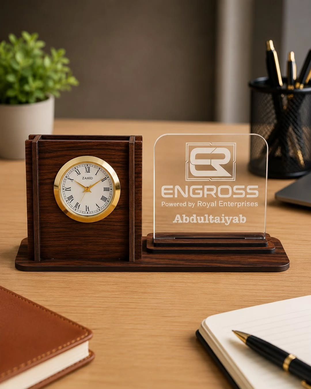 Wooden desk organizer with a gold-rimmed clock and engraved acrylic name plaque.