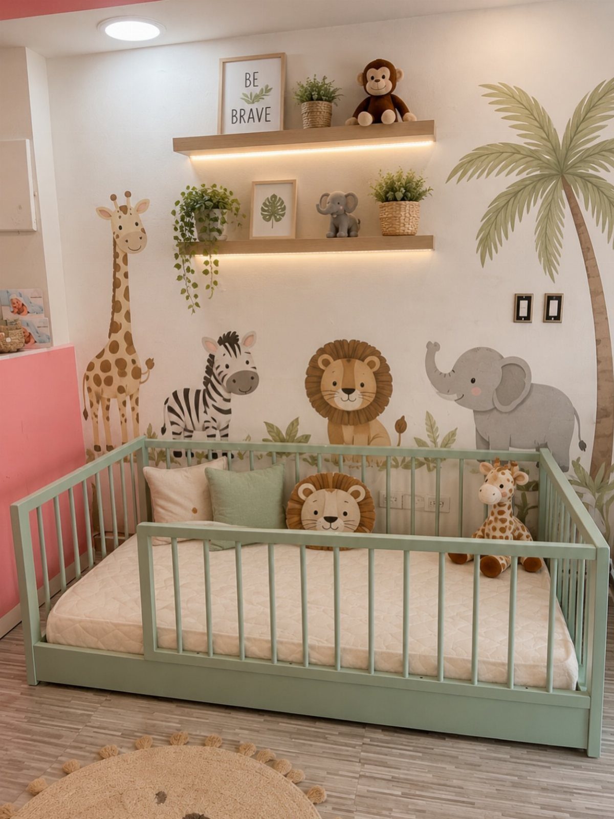 Nursery room with a green crib and animal murals on the white wall.