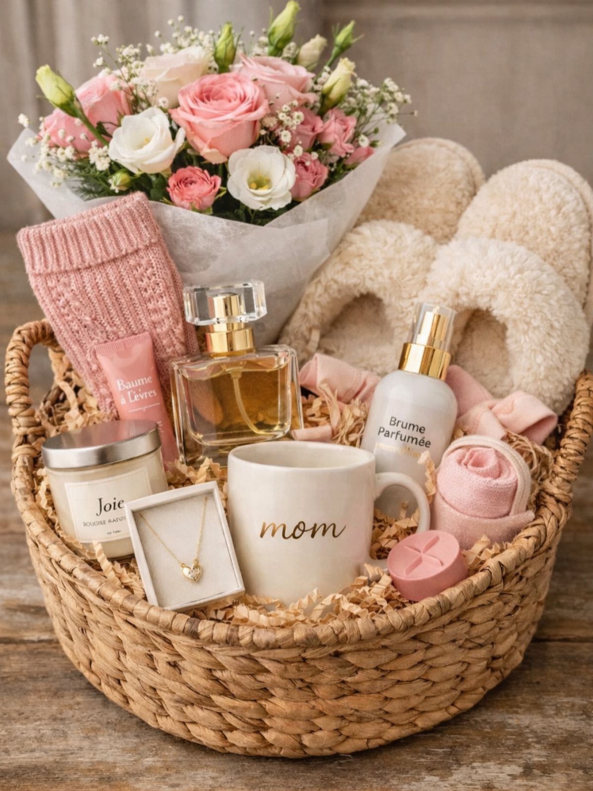 Wicker gift basket with a mom mug, pink roses, and spa accessories.
