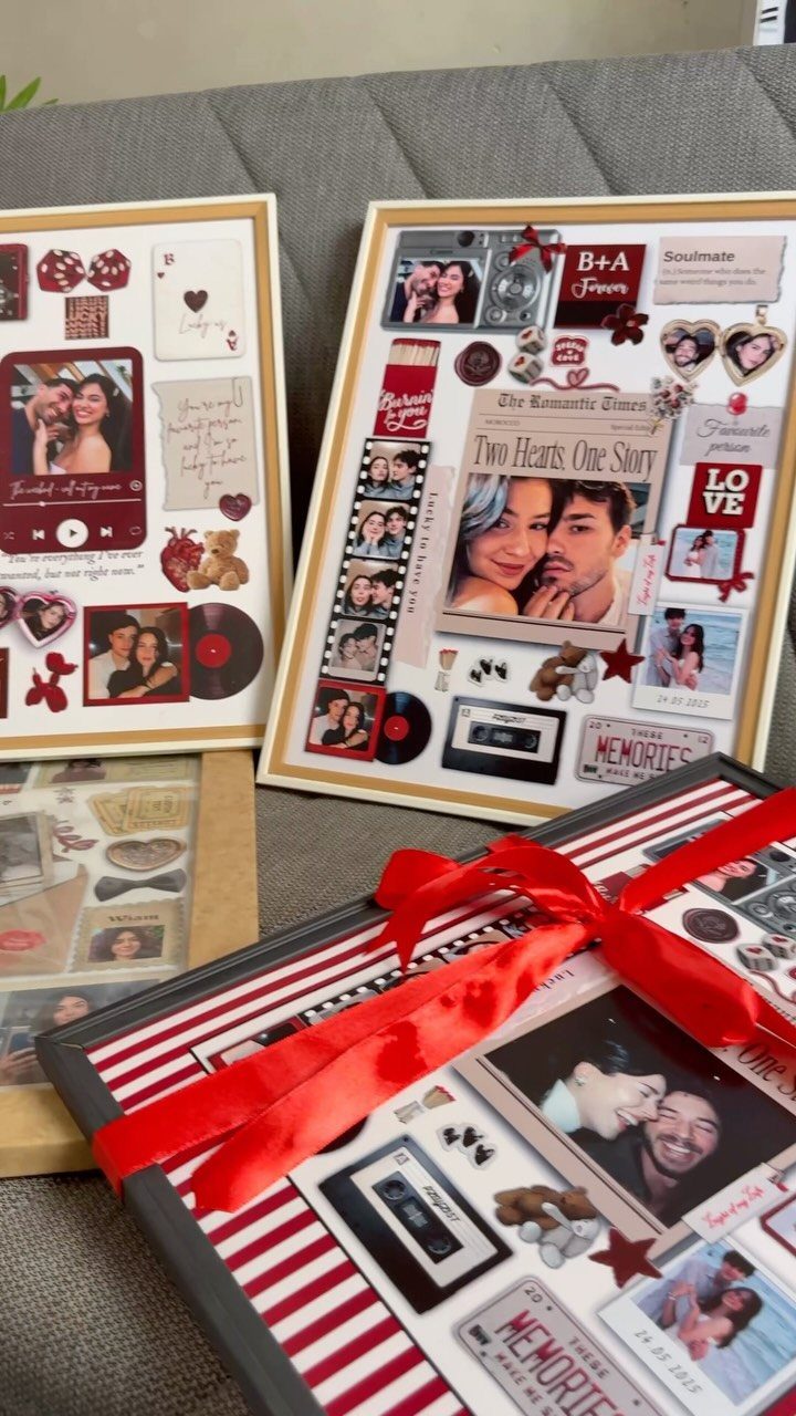 National Boyfriend Day Gifts: 12 Ideas for Him 9 Framed romantic scrapbooks with couple photos and a red ribbon as gifts.