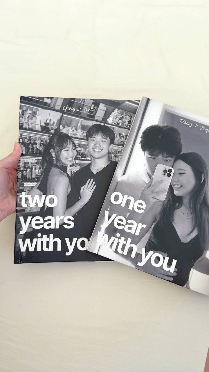 National Boyfriend Day Gifts: 12 Ideas for Him 4 Two black and white photo books featuring a couple with anniversary text.