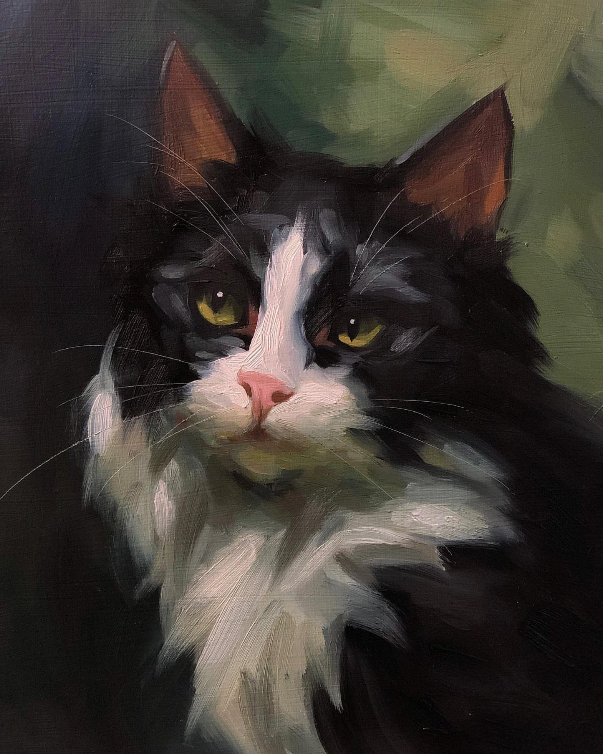 12 Paintings as Gifts for Every Budget and Taste 1 Tuxedo cat oil painting with visible brushstrokes on a dark green background