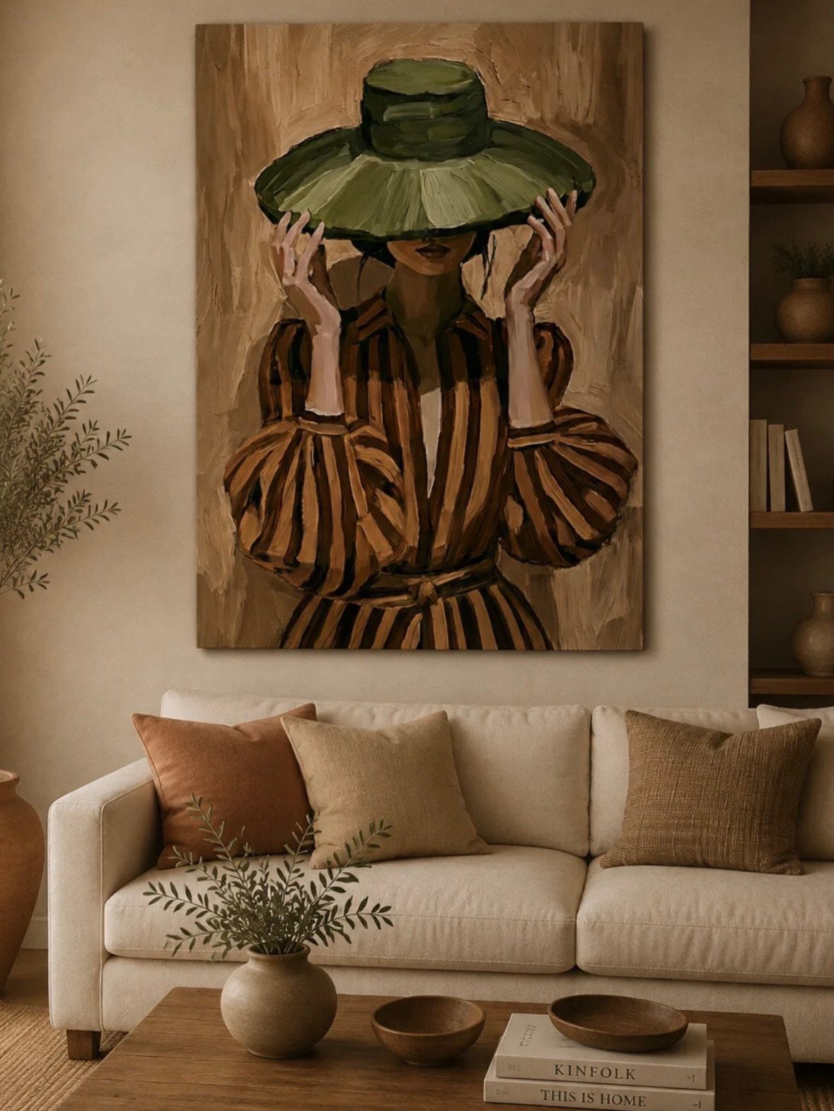 12 Paintings as Gifts for Every Budget and Taste 8 Painting of a woman in a green hat hanging above a white sofa.
