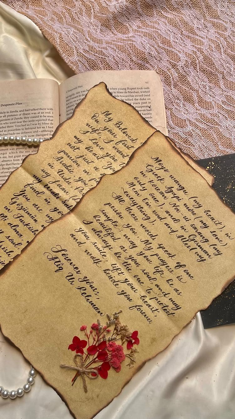 Handwritten love letters on aged parchment paper with dried red flowers and pearls.