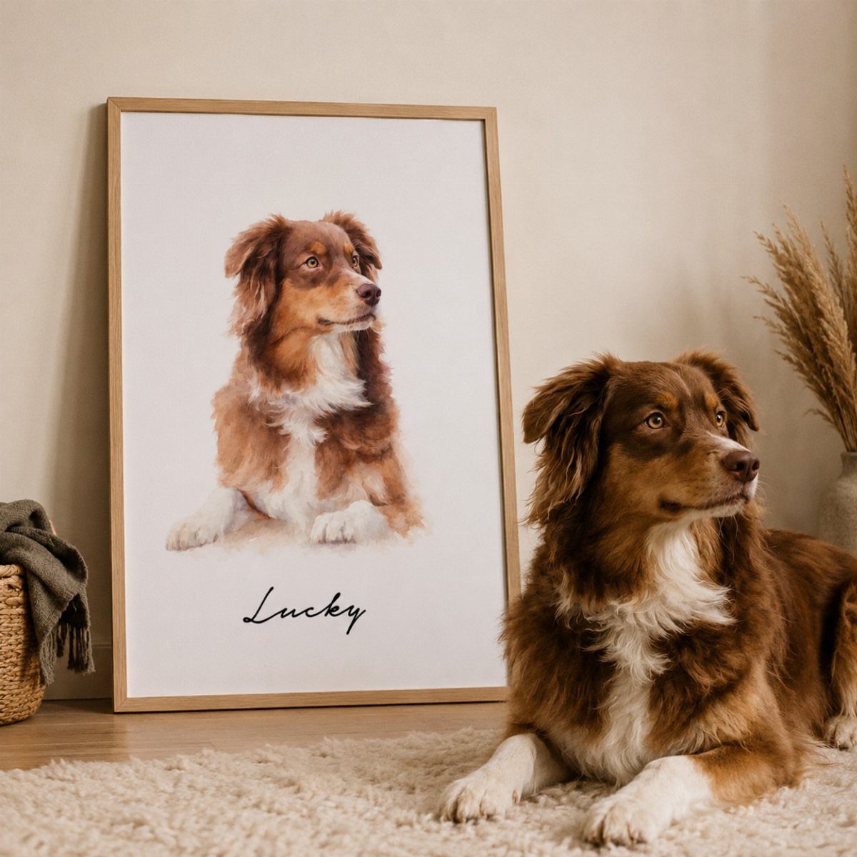Australian Shepherd dog sitting next to a framed portrait of itself named Lucky.