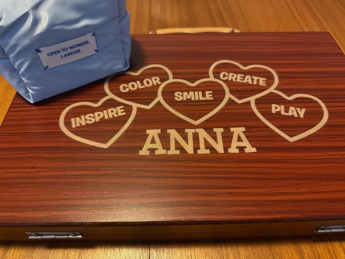 Engraved wooden jewelry case with the name Anna and inspirational heart shapes.