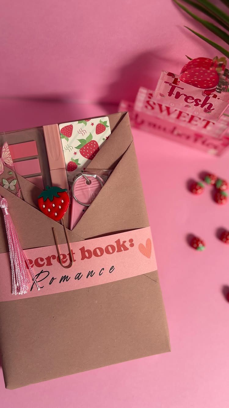 Brown paper envelope gift set with strawberry stationery and pink romance band.