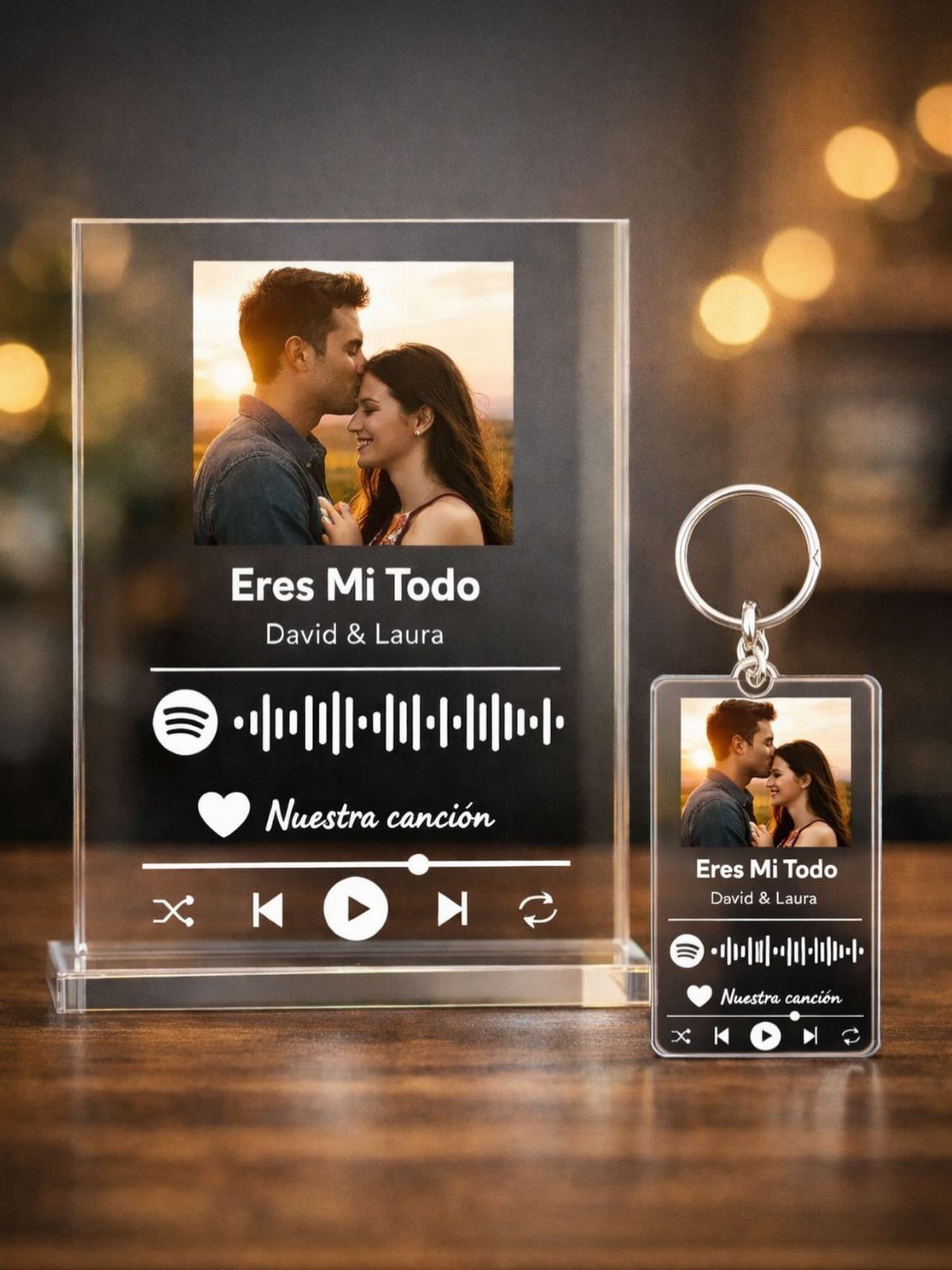 Acrylic plaque and keychain with a couple's photo and Spotify music code.