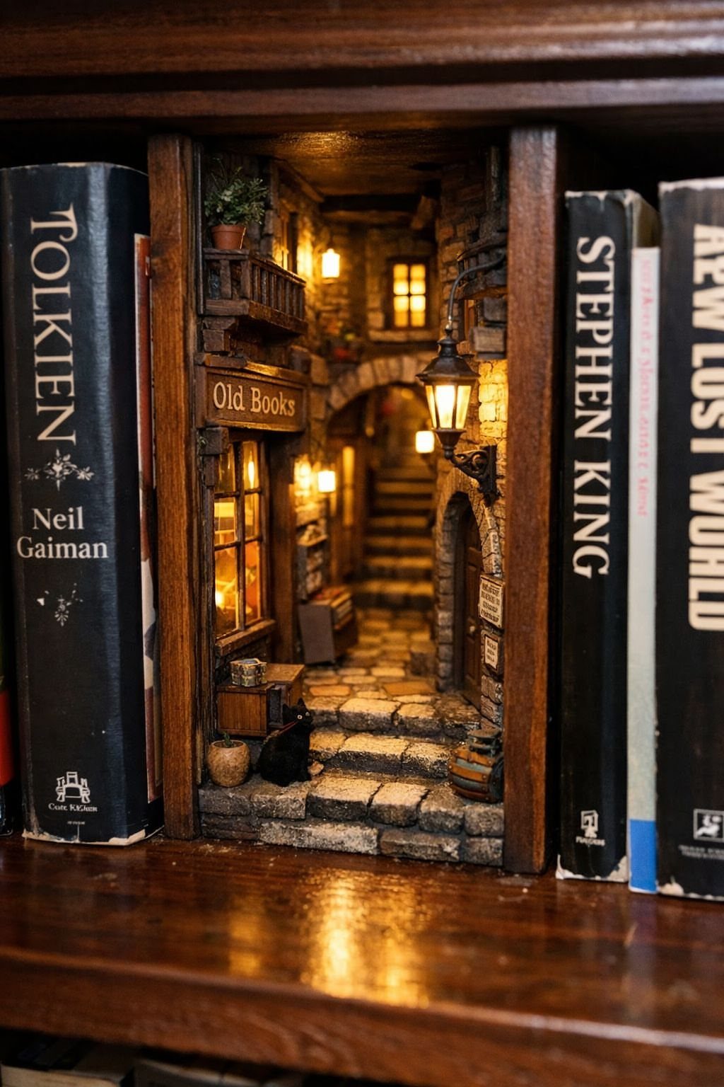 Miniature illuminated book nook alleyway placed between books on a wooden shelf