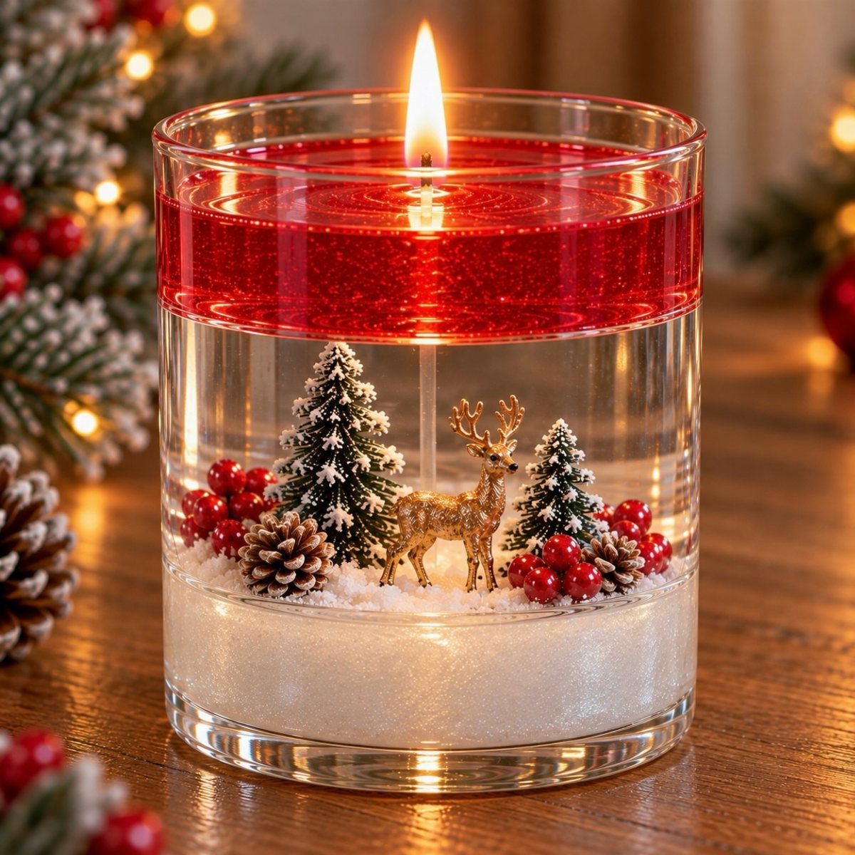 Lit red candle in a glass jar containing a miniature winter forest scene.