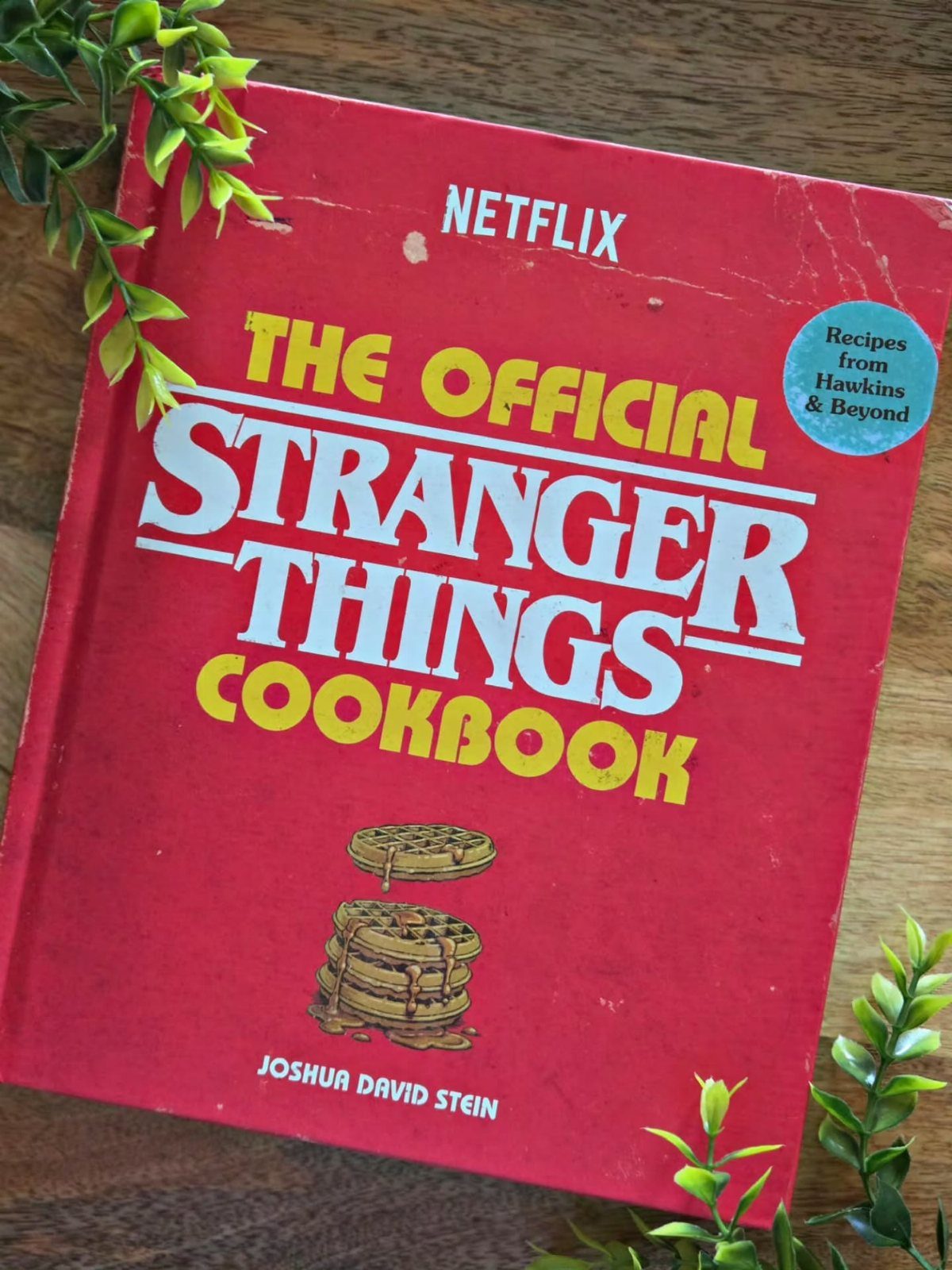 The Official Stranger Things Cookbook red hardcover book on a wooden surface with leaves