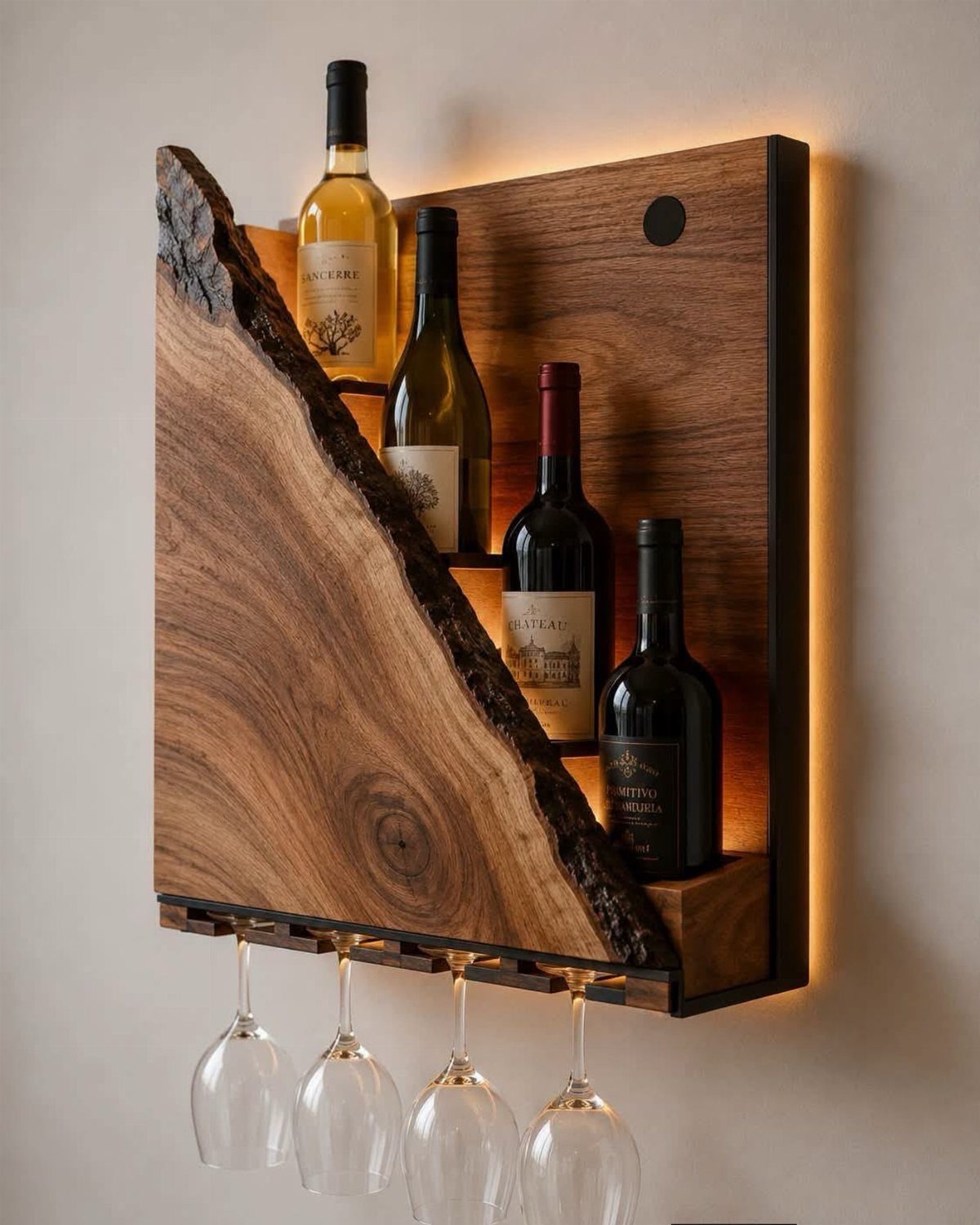 Wooden wall-mounted wine rack holding four bottles with hanging wine glasses below.